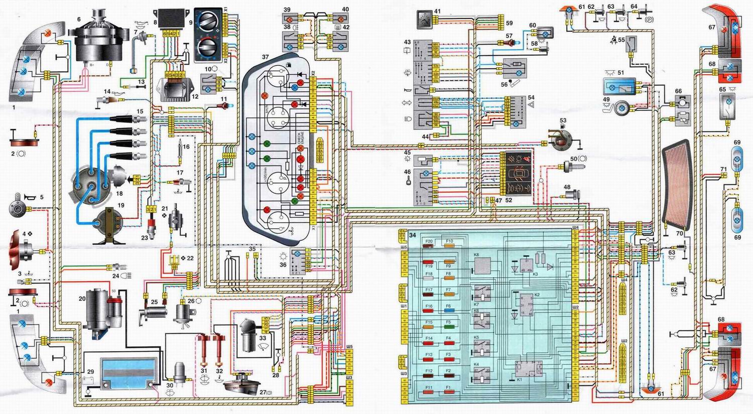 Полная схема, на которой указано все электрооборудование в автомобиле ВАЗ 2110. Схема представлена на основе вида сверху.